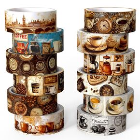 12 Rolls Washi Tape Set ، قهوة عتيقة شريط زخرفية رجعية شريط مقهى مائي بني مائي لمستلزمات اليومية ، مجلة غير مرغوب فيها ، سكرابوكينغ ، مخطط ، فنون ديي وحرف لوازم