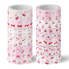 12 رولز القوس الوردي Washi Tape Cherry Bowknot Tapking Tapking Tape Coquette أشرطة الورق لخلاصات مجلة DIY Art Crafts