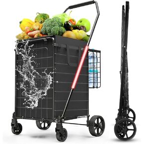 Folding Shopping Cart with 360° Rolling Swivel Wheels - Foldable Grocery Cart with Double Basket & Waterproof Liner, Portable Heavy Duty Utility Carts for Laundry