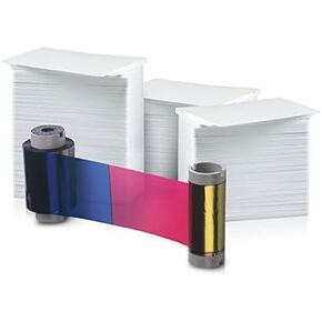 AlphaCard Fargo 250 Print YMCKO Ribbon w/Cleaning Roller for DTC1000 and DTC1250e (45000) and 300 Premium Blank PVC Cards Bundle
