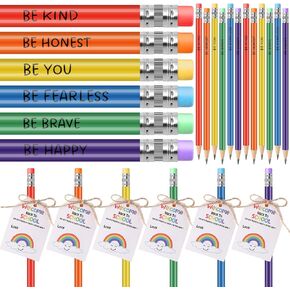 Spakon 24 Sets Inspirational Gifts for Students Colorful Pencils 6 Colors Pencils Rainbow Motivational Gift Cards Welcome Card with Twine for Sunday School Supplies