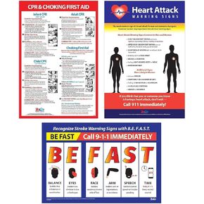 ملصقات السلامة في مكان العمل 3 عبوات: (1) خطوات CPR وخطوات الاختناق (1) تكون علامات السكتة الدماغية (1) أعراض النوبة القلبية لدى النساء والرجال - مغلفة ، 12 × 18 بوصة