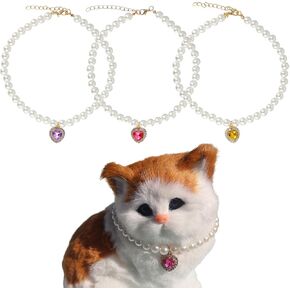 3 PCS Cat Profs for Girl Cats ، قلادة طوق لؤلؤة لؤلؤة لطيفة قابلة للتعديل مع أحجار الرهان على شكل قلب للجرو والقطط (الأرجواني ، الأصفر ، الوردي)