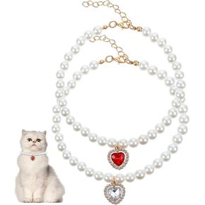 2 Pcs Cat Dog Adjustable Pearl Necklace Collar, Elegant Pearl Dog Collar with Heart Diamond, Cat Rhinestone Collars for Girl Cats Puppy, Pearls Necklace for Pet Gatherings Wedding - White & Red