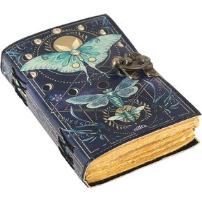 TUZECH Book of Spells Leather Bound Moths Journal Deckle Edge Paper Grimoire Printed Diary Witchcraft supply and Witch Spell Notebook Antique Vintage Book for Men and Women