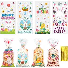 Easter Treat Bags, 100 PCS Easter Goodie Bags, Easter Candy Bags 4 Design Easter Cellophane Bags with Twist Egg Bunny Easter Cellophan Treat Bags for Candy Cookie Easter Birthday Party Baby Shower