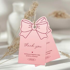 Whaline 100pcs Pink Bow Party Decoration Bowknot شكرًا لك علامات هدية مع Hemp Rope Hanging Label Tags for Coquette Wedding Bridal Baby Dame ، 2 × 3 بوصة