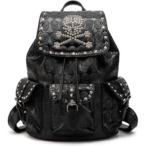 ‌Gothic Skull Backpack with Studded Rhinestone Design – Punk Leather Daypack for Men & Women, Waterproof Laptop Bag with Large Capacity, Edgy Rock Style