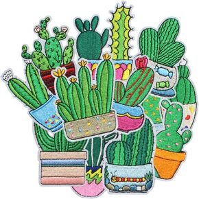12PCS Cactus Iron on Patches, Cartoon Cute Green Bonsai Cactus Embroidered Repair Patches for Clothes, Custom Applique for Hats, Jeans, Jackets, Bags, Backpacks, Dress, Shoes