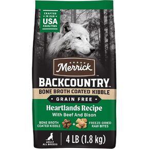 Merrick الحبوب المجانية الكلب الجاف الكلب backcountry عظم مرق المغلقة الوصفة kibble heartlands مع لحوم البقر والبيسون - 4 رطل حقيبة