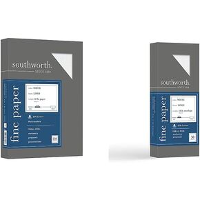 Southworth 25% Cotton Business Paper, 8.5" x 11", 32 lb/120 GSM, Linen Finish, White, 250 Sheets & 25% Cotton #10 Envelopes, 4.125" x 9.5", 24 lb/90 GSM, Wove Finish, White, 50 Count