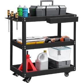 DWVO 3-Tier Rolling Tool Cart, 400lbs Capacity Utility Cart on Wheels, Durable Metal Construction with Screwdriver Board & Storage Box, Ideal for Garage, Warehouse Mechanic Work, Black