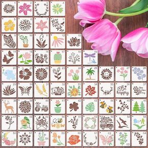 إستنسل الزهور للطلاء ، قوالب رسم فنية احترافية 64pcs 3x3 بلاستيك حيوان أليف واضح مع أنماط عباد الشمس الوردية لفن الجدار المنزلي ، اللوحة القماشية ، ديكور الأثاث ، وحرف ديي