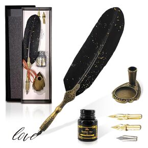 Black Feather Quill Pen and Ink Set – Feather Pen and Ink Set with Stainless Steel Nib & Stand for Practice, Drawing, Signatures & Vintage Decor – Designed for Calligraphy Beginners, Authors & Writers
