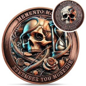 Twilight Raven Memento Mori Coin - Tempus tempus Fugit Stoic Challenge Coin - Green Carpe Diem Skull EDC Token Medallions for Daily Stoic Practice - Momento Mori Stoicism Gifts for Men Women Kids