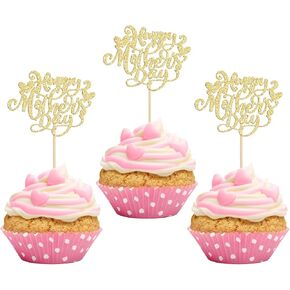 24pcs عيد أم سعيد Cupcake Topper Happy Mother's Cupcake يختار Glitter Heart أفضل أمي من الأغطية الكعك كب كيك تختار اللوازم لحفل عيد ميلاد الأم الذهب