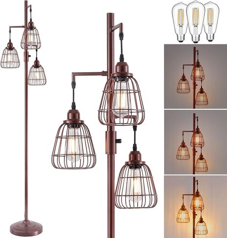 9MMML Floor Lamp for Living Room, Farmhouse Industrial Dimmable Floor lamp,3 Lights Metal Cage Tree Standing Lamp,68", 3Pcs Led Bulbs Included in Saudi Arabia