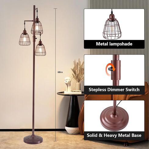 9MMML Floor Lamp for Living Room, Farmhouse Industrial Dimmable Floor lamp,3 Lights Metal Cage Tree Standing Lamp,68", 3Pcs Led Bulbs Included in Saudi Arabia