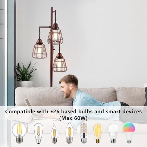 9MMML Floor Lamp for Living Room, Farmhouse Industrial Dimmable Floor lamp,3 Lights Metal Cage Tree Standing Lamp,68", 3Pcs Led Bulbs Included in Saudi Arabia
