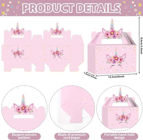 ZOIIWA 24Pcs Unicorn Party Favor Boxes Rainbow Themed Treat Boxes Pastel Unicorn Candy Goodie Box Princess Paper Gift Box with Handle Decorations for Birthday Baby Shower Wedding Party Decor Supplies in Saudi Arabia