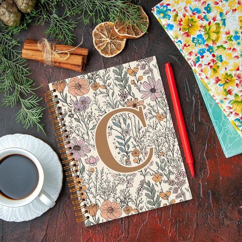 JXREQ Vintage Boho Floral Personalized Notebook, Initial Letter C Notebook Journal, Monogram Notebook, Monogrammed Gifts for Women, Boho Office Supplies, Flower Spiral Notebook 5.5x8.3 in Saudi Arabia