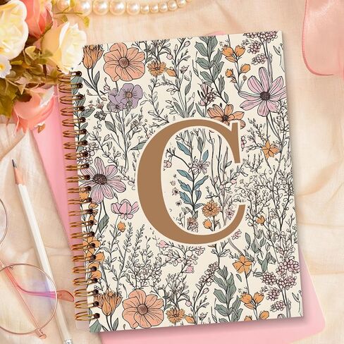 JXREQ Vintage Boho Floral Personalized Notebook, Initial Letter C Notebook Journal, Monogram Notebook, Monogrammed Gifts for Women, Boho Office Supplies, Flower Spiral Notebook 5.5x8.3 in Saudi Arabia