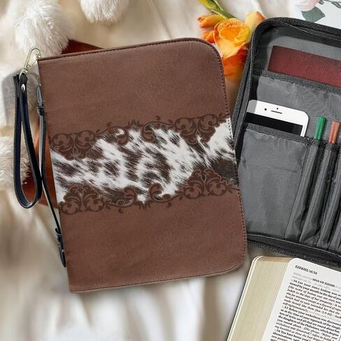 Brown Cow Floral Print Bible Case with Wristlet Strap Handle Waterproof Bible Carrying Case Large Size Bible Book Organizer Lightweight Bible Accessories Church Bag for Women Men, XL in Saudi Arabia