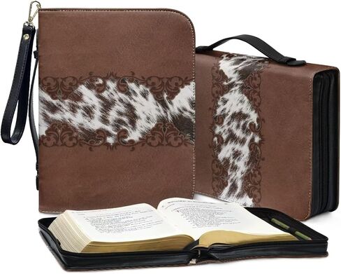 Brown Cow Floral Print Bible Case with Wristlet Strap Handle Waterproof Bible Carrying Case Large Size Bible Book Organizer Lightweight Bible Accessories Church Bag for Women Men, XL in Saudi Arabia