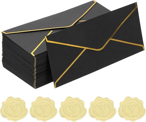 Patikil #10 150GSM مظاريف بريدية بريدية ، 100pcs 4.1 × 9.5 "مخلفات ذاتية الحرف القياسية ذات الحدود الذهبية والملصقات لبطاقات زفاف عيد الميلاد ، الأسود in Kuwait