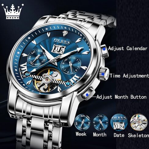 OLEVS Mens Automatic Watches Green Mechanical Watches for Men No Battery Date Waterproof Self Winding Watch Mens Luxury Moon Phase Man Wristwatch Stainless Steel Diver Reloje Hombre Calendar in Kuwait