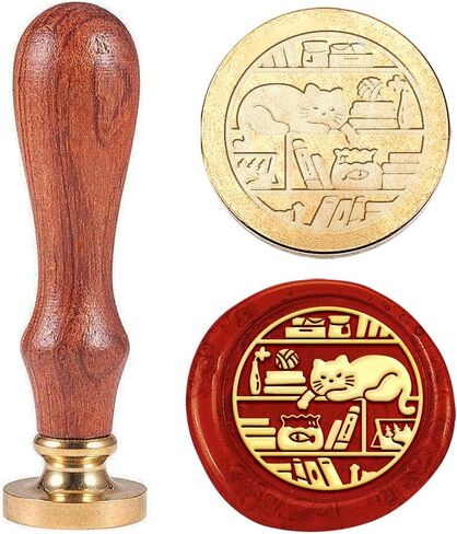 1pc قطة ختم ختم الشمع خمر قطة في خزانة الكتب هدية ختم الشمع لعيد الميلاد 25 ملم قابلة للنحاس القابل للإزالة مع مقبض خشبي للمظاريف الدعوات ديكور زخرفة in Kuwait