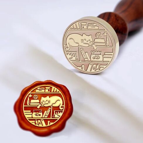 1pc قطة ختم ختم الشمع خمر قطة في خزانة الكتب هدية ختم الشمع لعيد الميلاد 25 ملم قابلة للنحاس القابل للإزالة مع مقبض خشبي للمظاريف الدعوات ديكور زخرفة in Kuwait