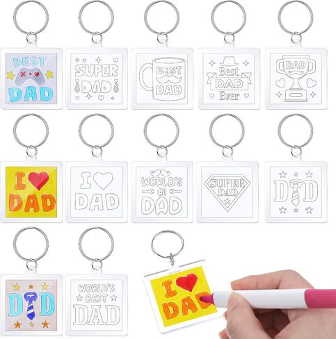 24 Pcs Acrylic Father's Day Keychains Crafts Color Your Own Dad Keychains Bulk DIY Best Dad Ever Paper Crafts Gifts Kit for Happy Father's Day Party Favor Gifts Activities in Saudi Arabia