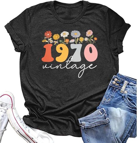 Women 55th Birthday Shirt Vintage 1970 Tshirt Fifty Five Bday Gift Casual Birthday Apparel Flower Graphic Tee Tops in Saudi Arabia