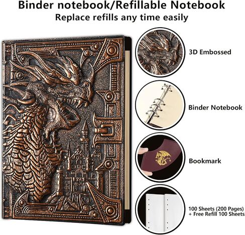 DND Notebook/Journal, Unique 400 Page Book with 3D Dragons Leather Refillable 6-rings binder and Bookmark for dungeons and dragons D&D dice accessories Role Playing Games,Great DND Gifts in Saudi Arabia
