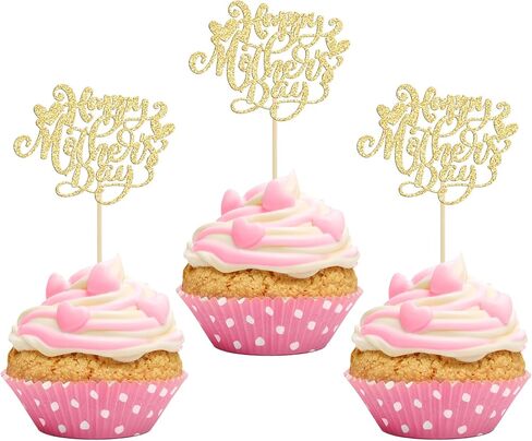 24Pcs Happy Mother's Day Cupcake Topper Happy Mother's Day Cupcake Picks Glitter Heart Best Mom Party Cake Decorations Cupcake Toppers Picks for Mother's Birthday Party Supplies Gold in Saudi Arabia