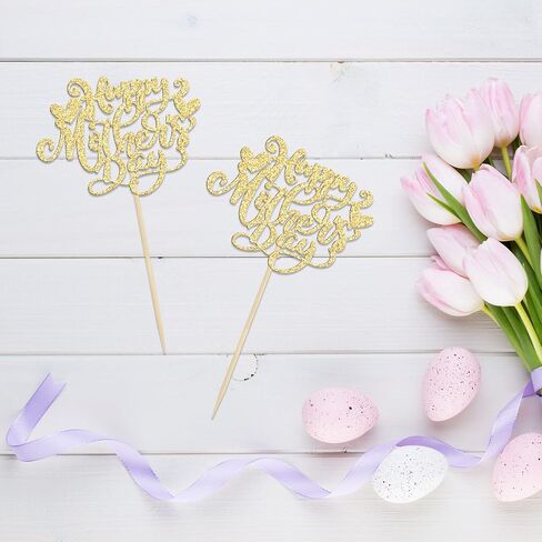 24Pcs Happy Mother's Day Cupcake Topper Happy Mother's Day Cupcake Picks Glitter Heart Best Mom Party Cake Decorations Cupcake Toppers Picks for Mother's Birthday Party Supplies Gold in Saudi Arabia