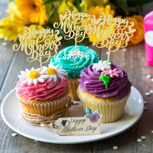 24Pcs Happy Mother's Day Cupcake Topper Happy Mother's Day Cupcake Picks Glitter Heart Best Mom Party Cake Decorations Cupcake Toppers Picks for Mother's Birthday Party Supplies Gold in Saudi Arabia
