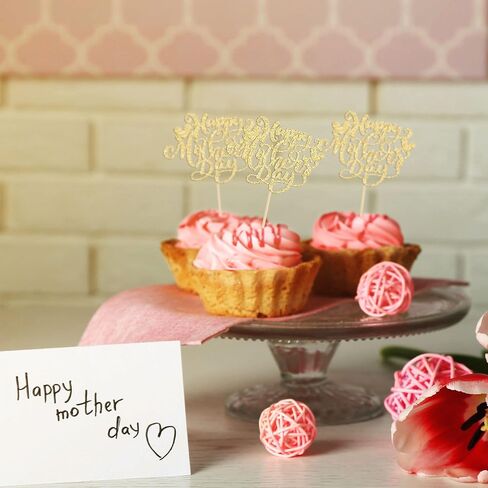 24Pcs Happy Mother's Day Cupcake Topper Happy Mother's Day Cupcake Picks Glitter Heart Best Mom Party Cake Decorations Cupcake Toppers Picks for Mother's Birthday Party Supplies Gold in Saudi Arabia