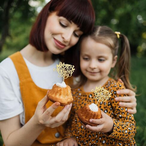 24Pcs Happy Mother's Day Cupcake Topper Happy Mother's Day Cupcake Picks Glitter Heart Best Mom Party Cake Decorations Cupcake Toppers Picks for Mother's Birthday Party Supplies Gold in Saudi Arabia