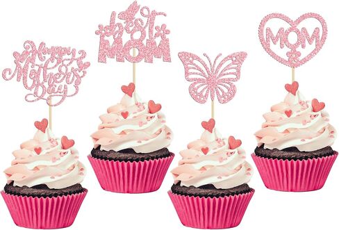 24Pcs Happy Mother's Day Cupcake Topper Happy Mother's Day Cupcake Picks Glitter Heart Best Mom Party Cake Decorations Cupcake Toppers Picks for Mother's Birthday Party Supplies Gold in Saudi Arabia