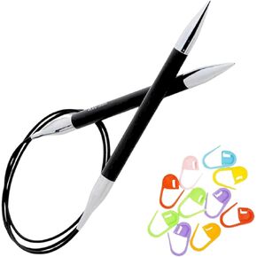 Knitpro karbonz الإبر الحياكة الدائرية 40 بوصة ، الحجم 10.5 (100 سم ، 6.50 مم) مع 10 علامات غرزة ملونة