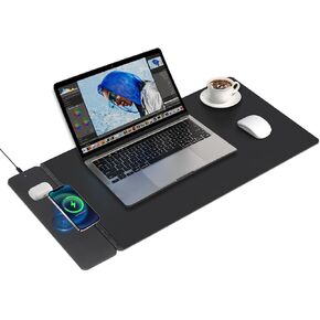 وسادة الماوس اللاسلكية الشحن ، شاحن سريع مزدوج ، حصيرة مكتب محسوس و PU Leather ، للمكتب والألعاب ، سطح كبير ، iPhone & Android متوافق - أسود