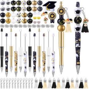 12 Set Graduation Beadable Pens Plastic Bead Pens Bulk Ballpoint DIY Crafting Pens Making Kit with Pendants Lobster Clasps for Students Teens School Office Supplies