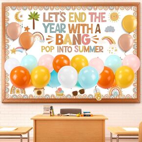 Pasimy End of School Year Bulletin Board Summer Classroom Bulletin Board Decoration Set with 24 Balloons Summer Beach Cutouts for Graduation Party Last Day of School Classroom Wall Decor(Boho)