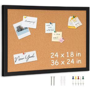 Dollar Boss Cork Board for Wall 24" x 18" Bulletin Board for Wall with Black Wood Frame, Picture Display Pin Broad Vision Board for Office Home School Room Decorative Hanging 10 Pushpins