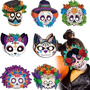 16 PCS Day of the Dead Skull Mask Mexican Halloween Masquerade Mask Day of the Dead for Skull Party Supplies Face Assume ، 8 Styles