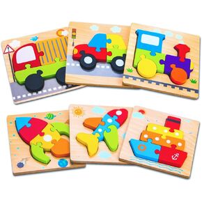 SKYFIELD Wooden Vehicle Puzzles for 1 2 3 Years Old Boys Girls, Toddler Educational Developmental Toys Gift with 6 Vehicle Baby Montessori Color Shapes Learning Puzzles, Great Gift Ideas