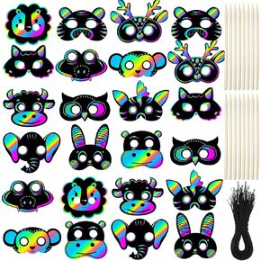 120 Pcs Jungle Animals Scratch Paper Mask DIY Kids Masks Making Craft Kit for Masquerade Dress up Party Favor Birthday Party Favors Decorations Class Home Activity Coloring Craft