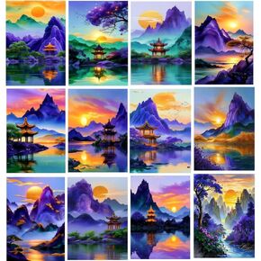Zswllhp 12 Pack Sunrise Landscape Diamond Painting Kits للبالغين ، وأطقم فن الماس الجبلية للمبتدئين للمبتدئين ، و Diy Full Round Drill Paint with Gem Art Home Wall Decor